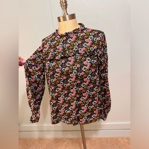LOFT size small blue and flowered high neck, long sleeve blouse